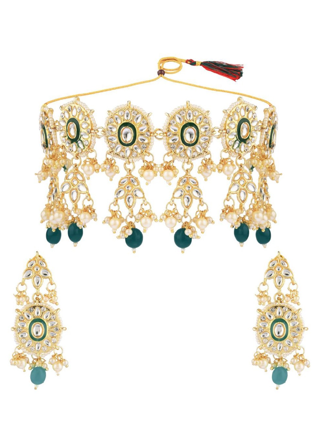 Efulgenz Gold-Plated Green & White Stone Studded & Beaded Traditional Bridal Jewellery Set
Efulgenz Gold-Plated Green & White Stone Studded & Beaded Traditional Bridal Jewellery Set