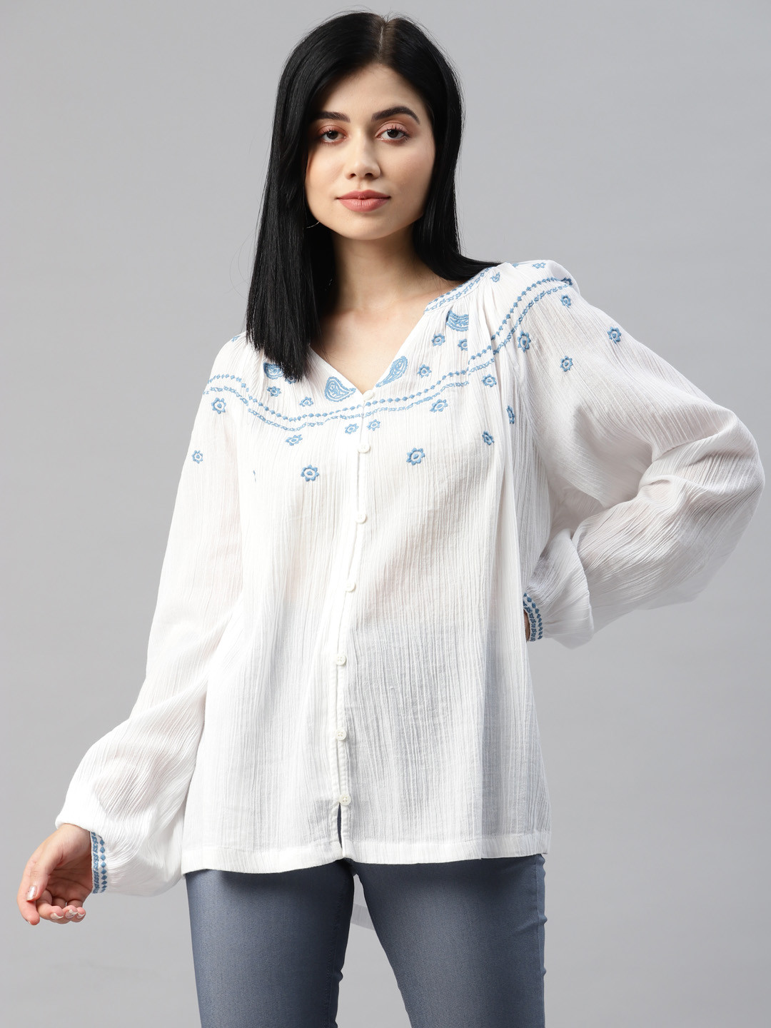 Marks & Spencer White & Blue Pure Cotton Embroidered Mandarin Collar Bohemian Top
Marks & Spencer White & Blue Pure Cotton Embroidered Mandarin Collar Bohemian Top