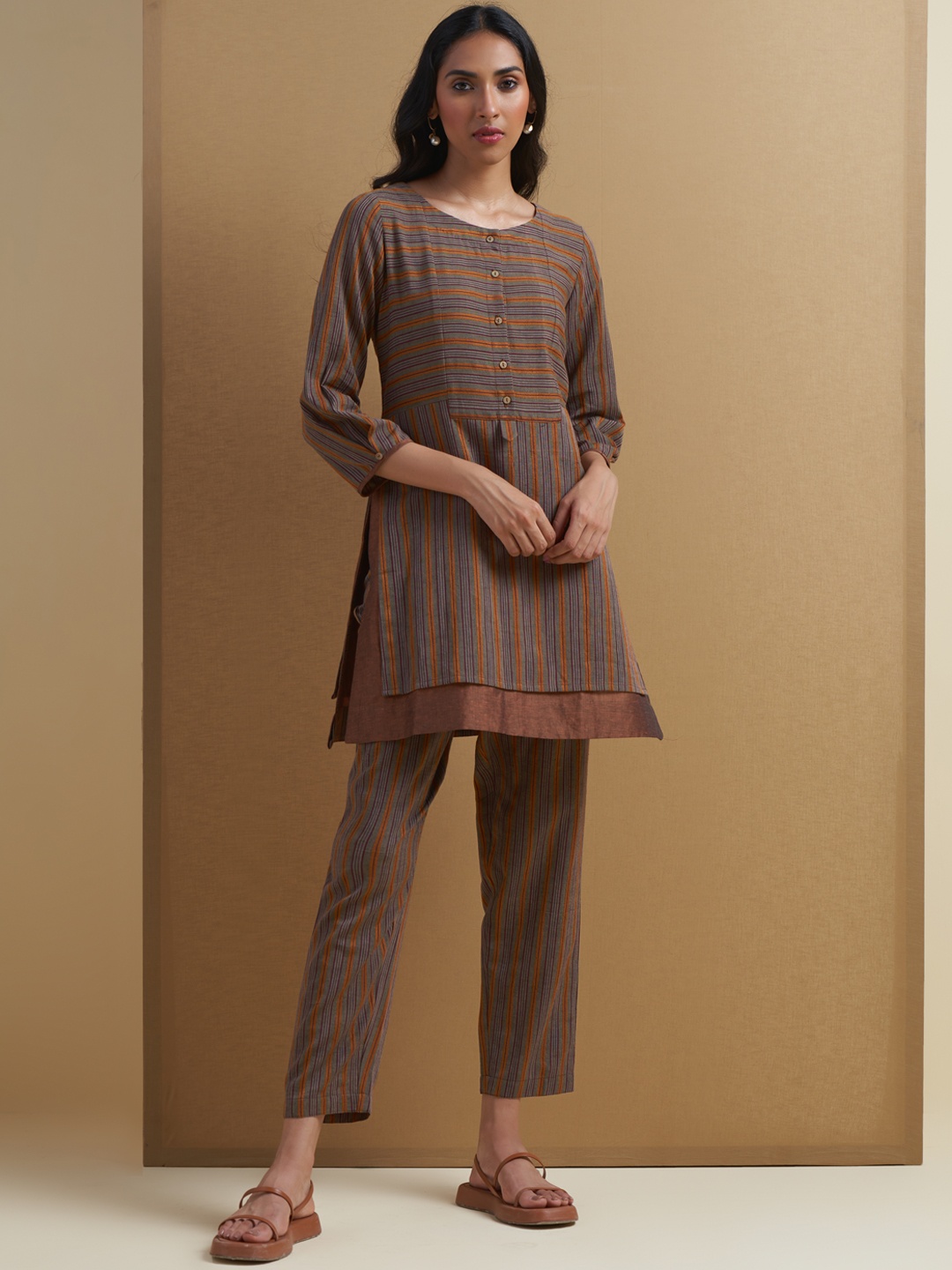 Ritu Kumar Women Brown & Maroon Striped Woven Design Layered Pure Cotton Kurta & Trousers
Ritu Kumar Women Brown & Maroon Striped Woven Design Layered Pure Cotton Kurta & Trousers