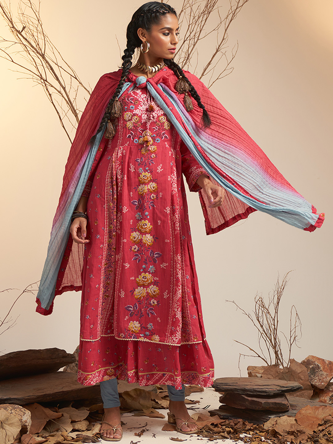 Ritu Kumar Women Pink Floral Printed Layered Kurta With Dupatta
Ritu Kumar Women Pink Floral Printed Layered Kurta With Dupatta