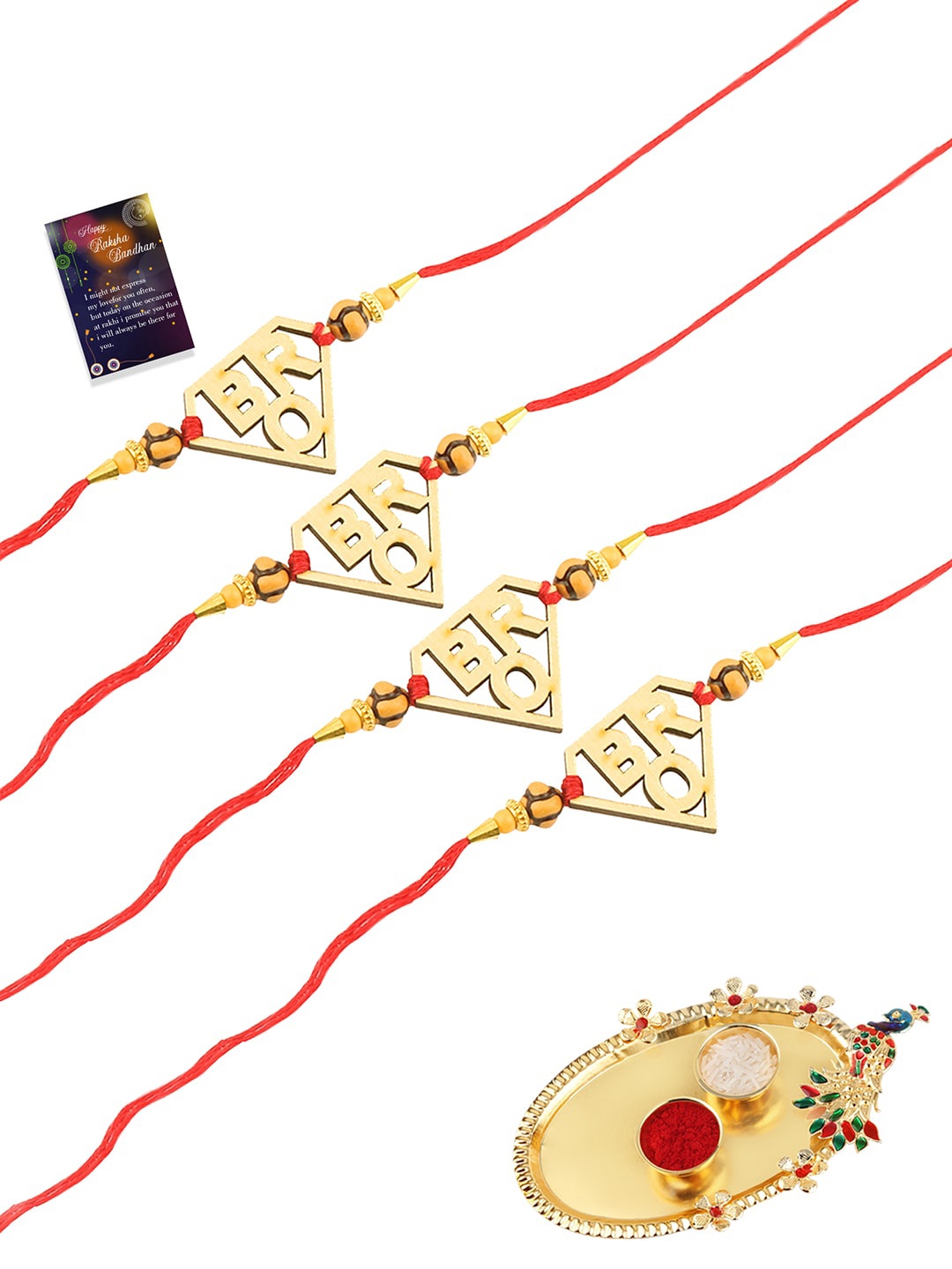 Silver Shine Gold-Toned & Red Set Of 4 Rakhi , Pooja Thali Roli Chawal and Greeting Card
Silver Shine Gold-Toned & Red Set Of 4 Rakhi , Pooja Thali Roli Chawal and Greeting Card