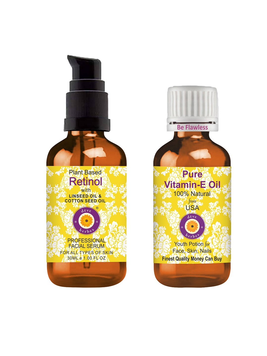 Deve Herbes Set of Plant Based Retinol Face Serum & Pure Vitamin E Oil - 30ml each, Yellow
Deve Herbes Set of Plant Based Retinol Face Serum & Pure Vitamin E Oil - 30ml each, Yellow