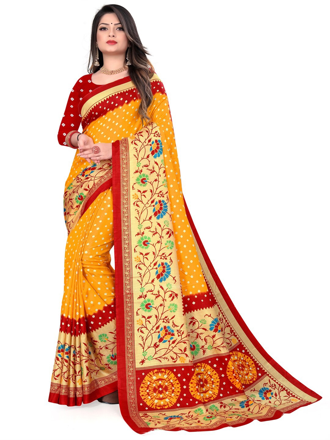 LAHEJA Yellow & Red Floral Silk Blend Saree