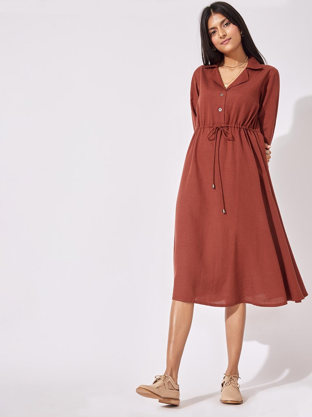 The Label Life Women Rust Shirt Fit & Flare Drawstring Midi Dress
