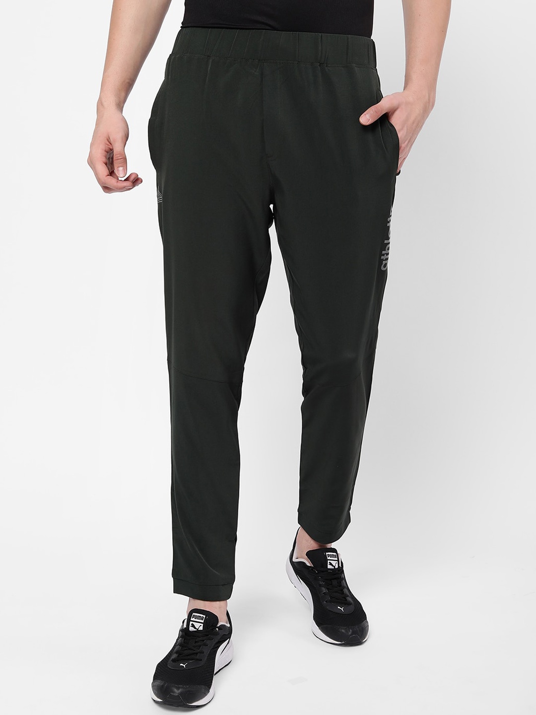 R&B Men Olive Green Solid Track Pants