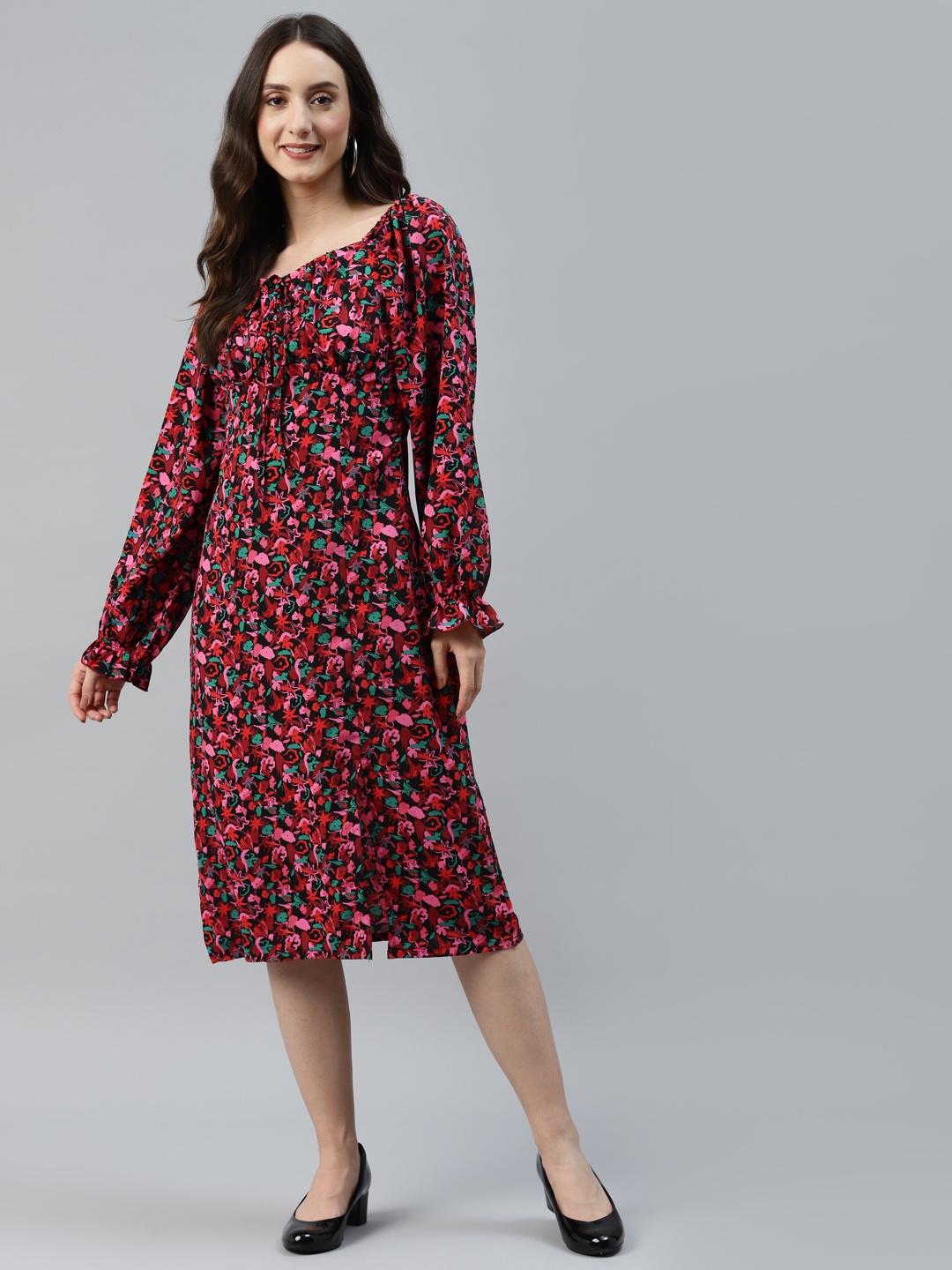 plusS Black & Red Floral Print Tie-Up Neck A-Line Midi Dress