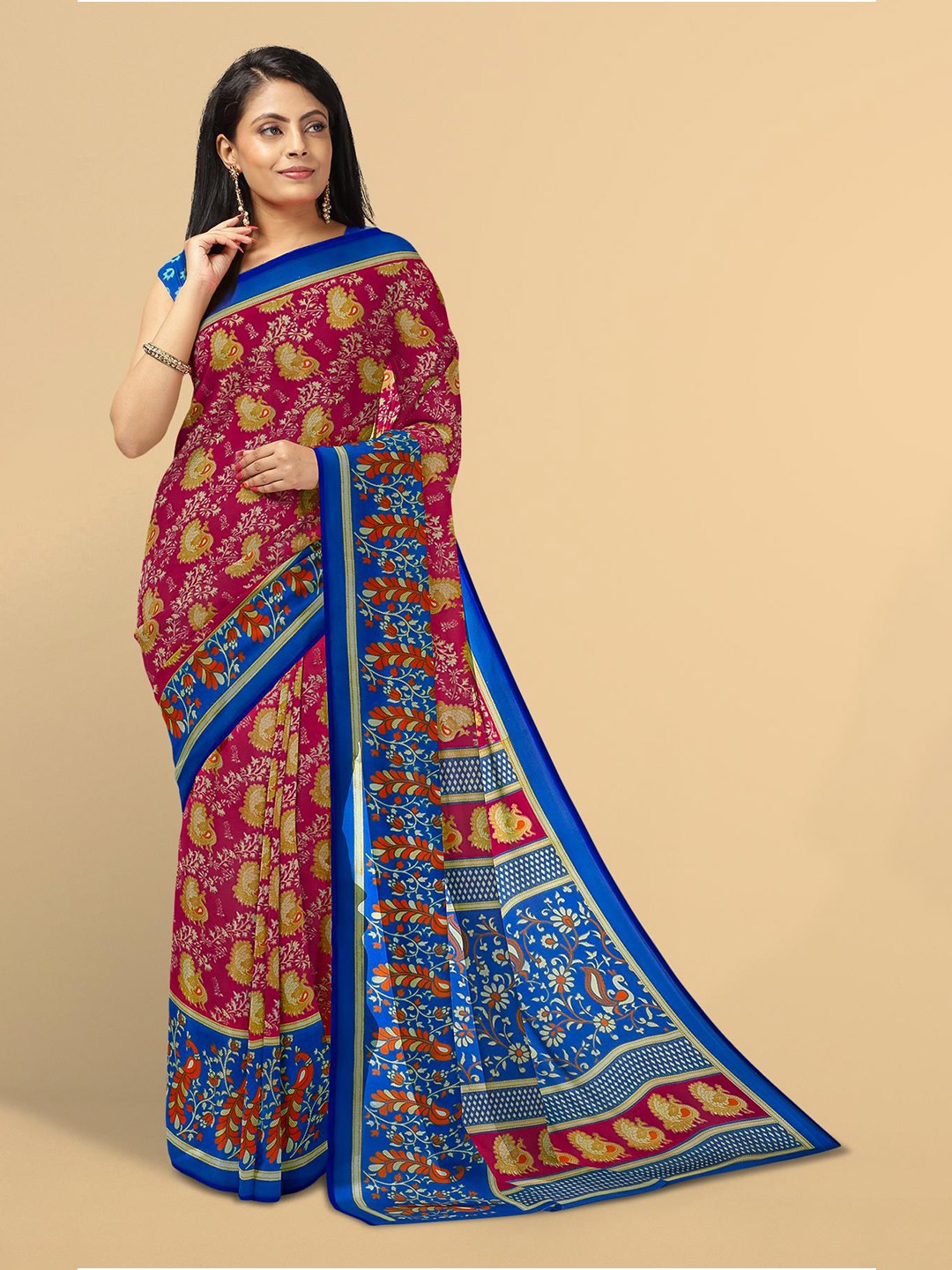 Kalamandir Pink & Navy Blue Saree