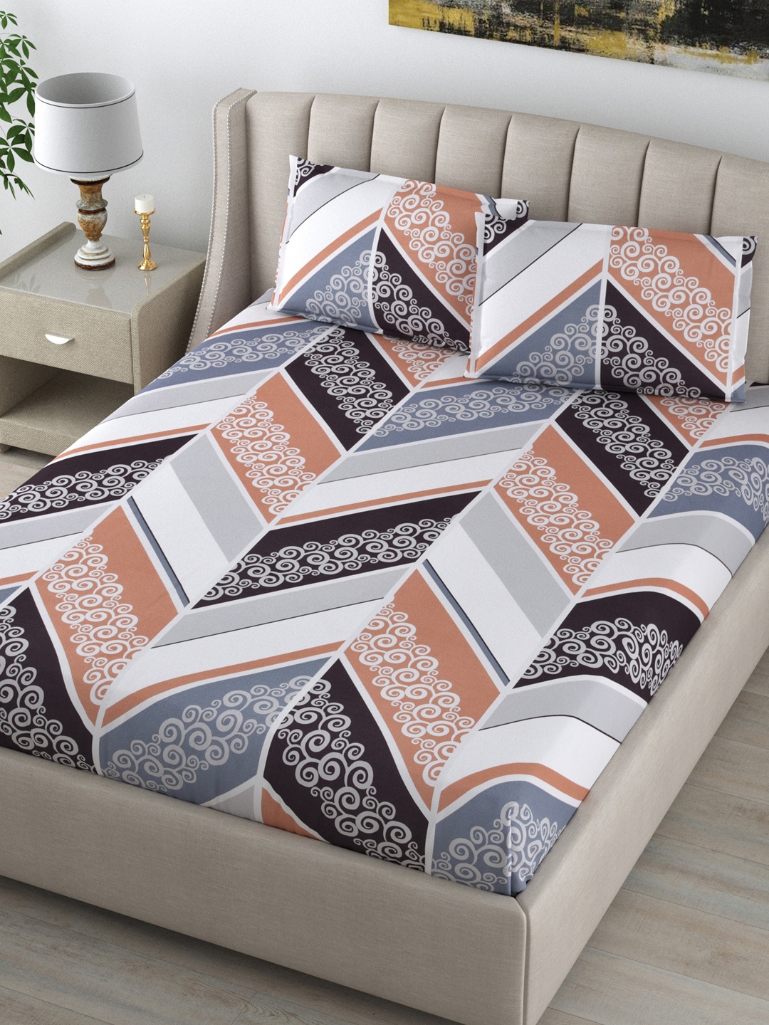 DREAM WEAVERZ Grey & Peach-Coloured Geometric 220 TC King Bedsheet with 2 Pillow Covers
DREAM WEAVERZ Grey & Peach-Coloured Geometric 220 TC King Bedsheet with 2 Pillow Covers