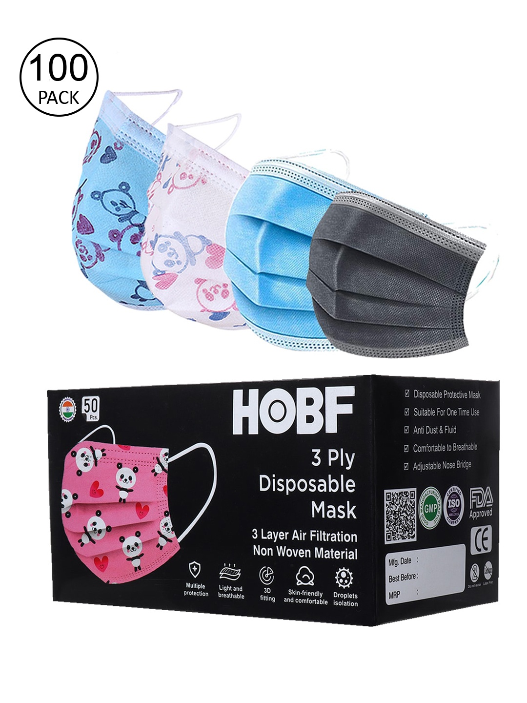 FROGGY Unisex Kids White & Blue Set of 100 Disposable Anti-Pollution Masks With Nose-Pin
FROGGY Unisex Kids White & Blue Set of 100 Disposable Anti-Pollution Masks With Nose-Pin