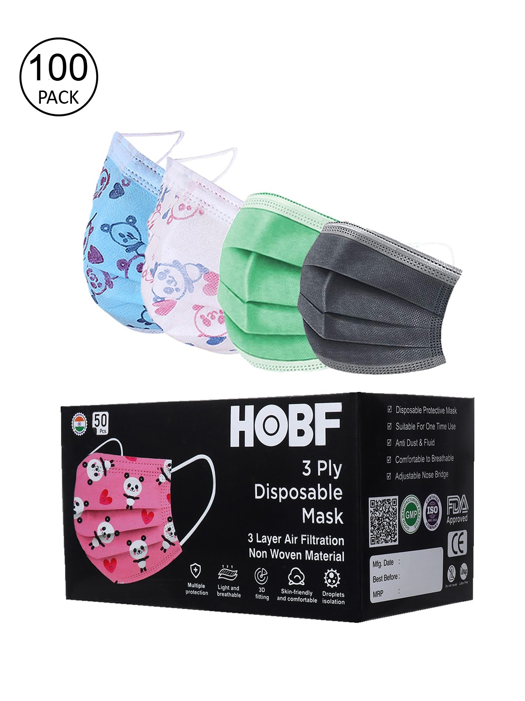 FROGGY Kids Pack of 100 3-Ply Anti-Pollution Disposable Masks With Nose-Pin, Assorted
FROGGY Kids Pack of 100 3-Ply Anti-Pollution Disposable Masks With Nose-Pin, Assorted