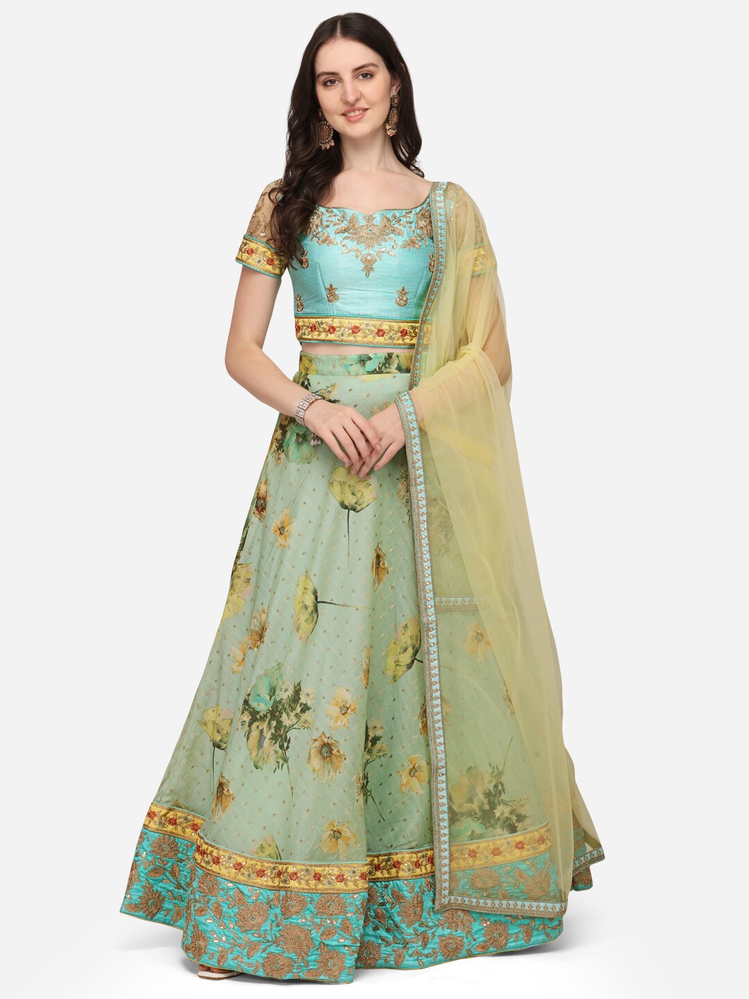SAPTRANGI Green & Yellow Embroidered Semi-Stitched Lehenga & Unstitched Blouse With Dupatta
SAPTRANGI Green & Yellow Embroidered Semi-Stitched Lehenga & Unstitched Blouse With Dupatta