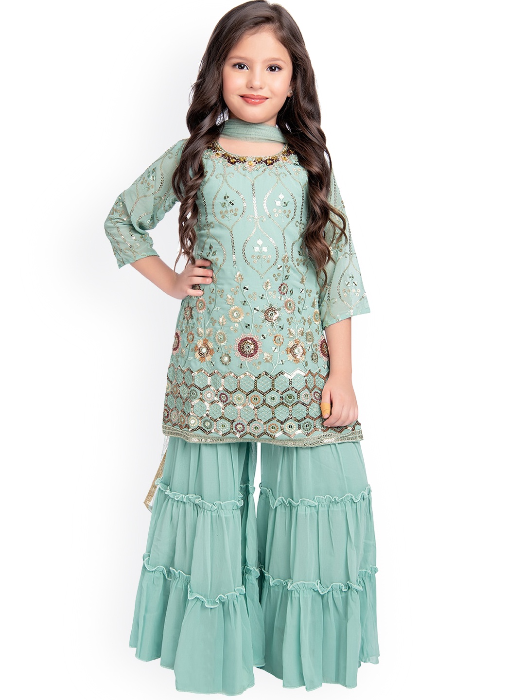 BETTY Girls Turquoise Blue Floral Embroidered Sequinned Kurta with Gharara & With Dupatta
BETTY Girls Turquoise Blue Floral Embroidered Sequinned Kurta with Gharara & With Dupatta