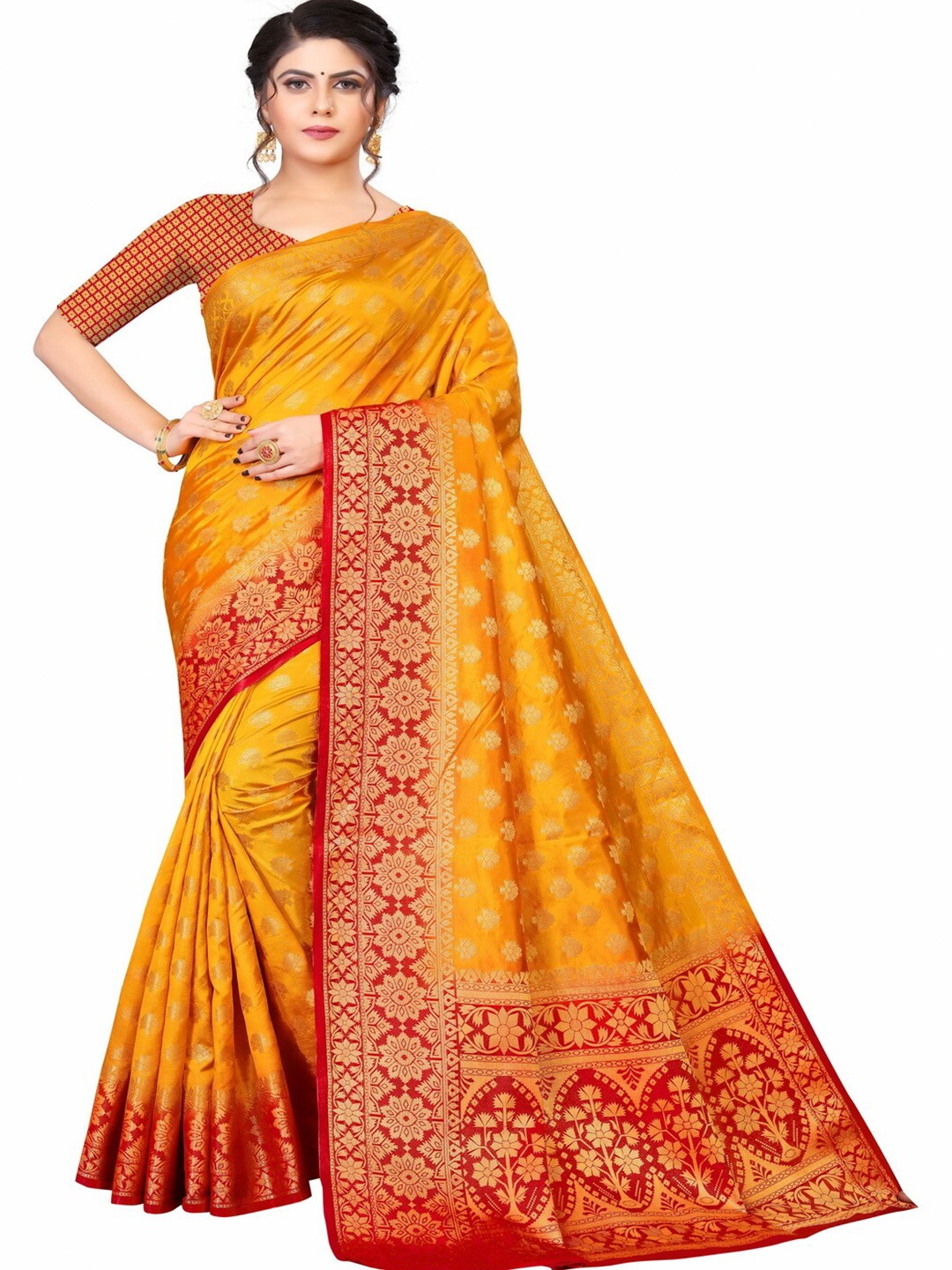 MOKSHA DESIGNS Yellow & Red Woven Design Zari Pure Silk Banarasi Saree