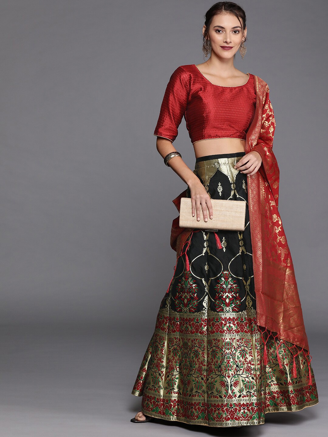 SHADOW & SAINING Black & Red Semi-Stitched Lehenga Unstitched Blouse With Dupatta
SHADOW & SAINING Black & Red Semi-Stitched Lehenga Unstitched Blouse With Dupatta