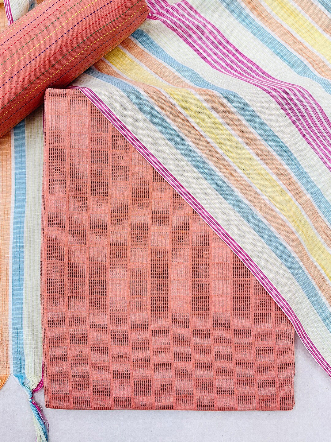 Kvsfab Orange & Blue Unstitched Dress Material
