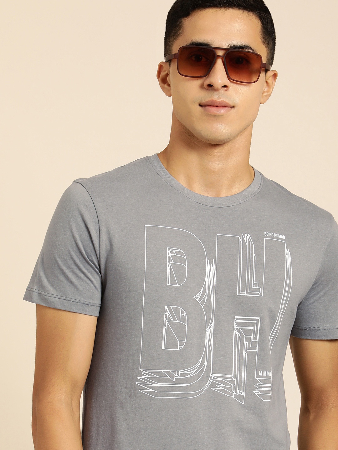 Being Human Men Grey Typography Printed Pure Cotton T-shirt