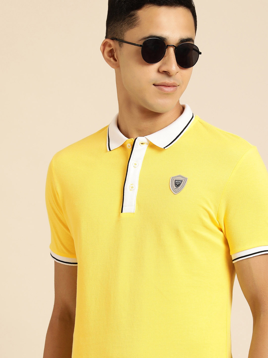 Being Human Men Yellow Brand Logo Printed Pure Cotton Polo Collar T-shirt