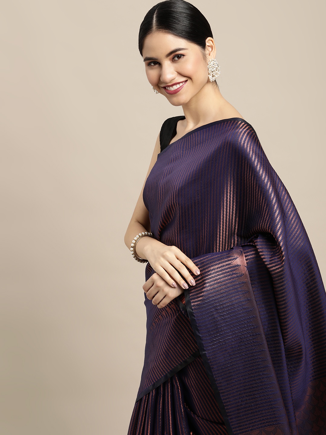 Mitera Navy Blue & Copper Striped Zari Kanjeevaram Saree