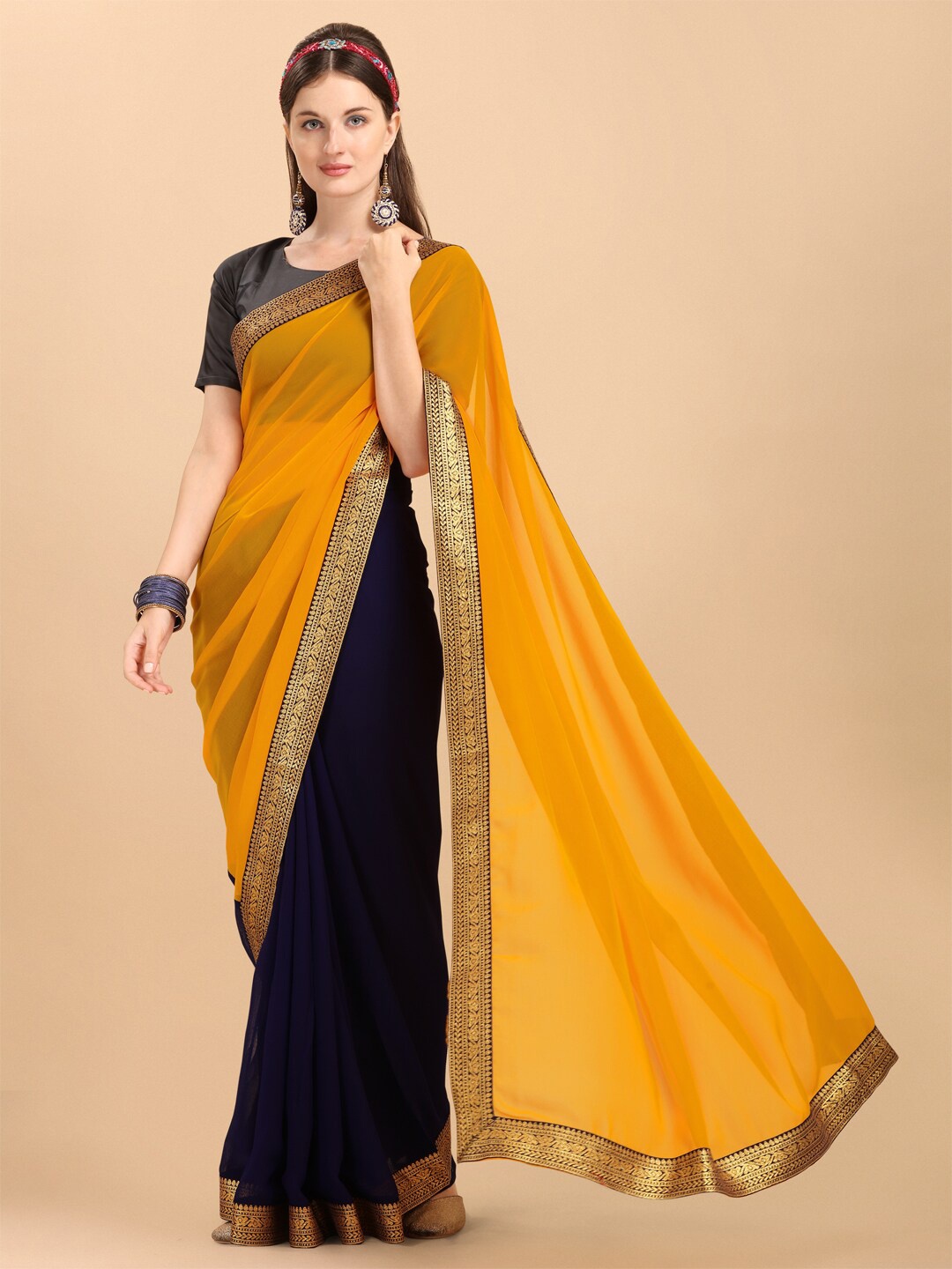 Sangria Yellow & Navy Blue Pure Georgette Half and Half Saree