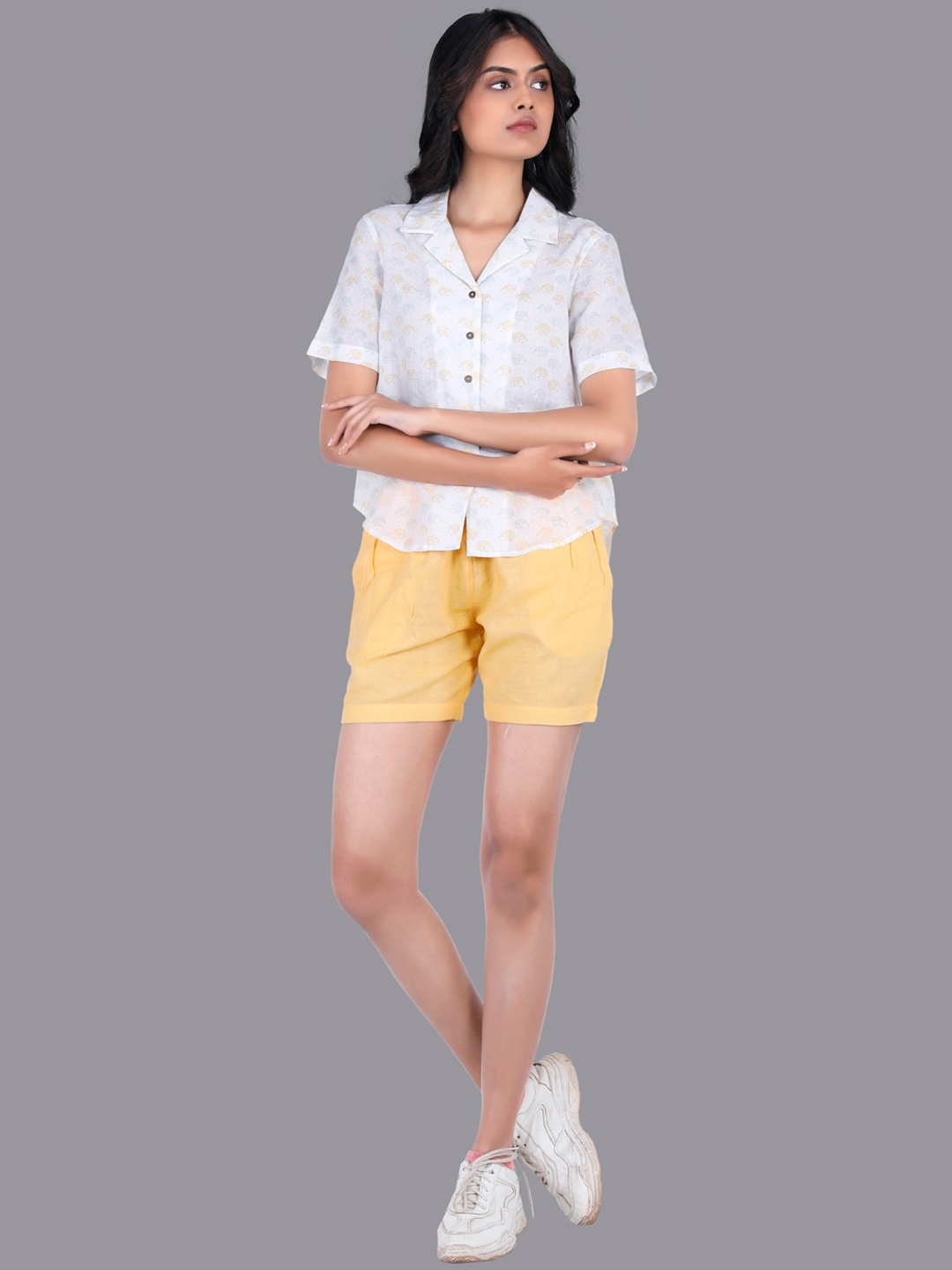 

RENTIYO Women Yellow Chino Khadi Cotton Shorts with Drawstrings