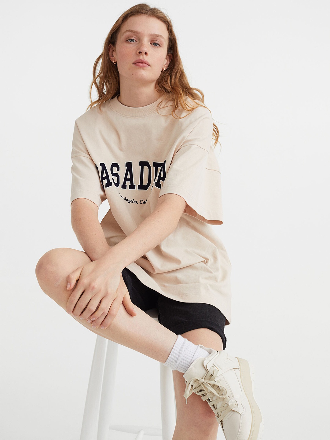 H&M Women Beige Printed Cotton Oversized T-shirt
