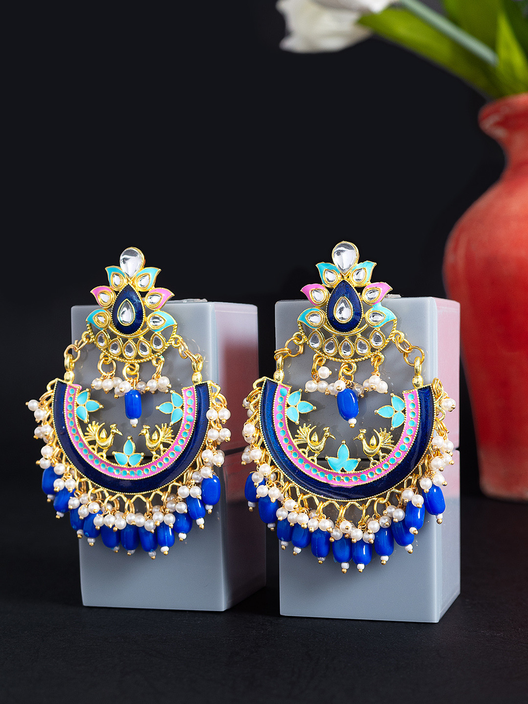 Golden Peacock Navy Blue Crescent Shaped Chandbalis 
Golden Peacock Navy Blue Crescent Shaped Chandbalis