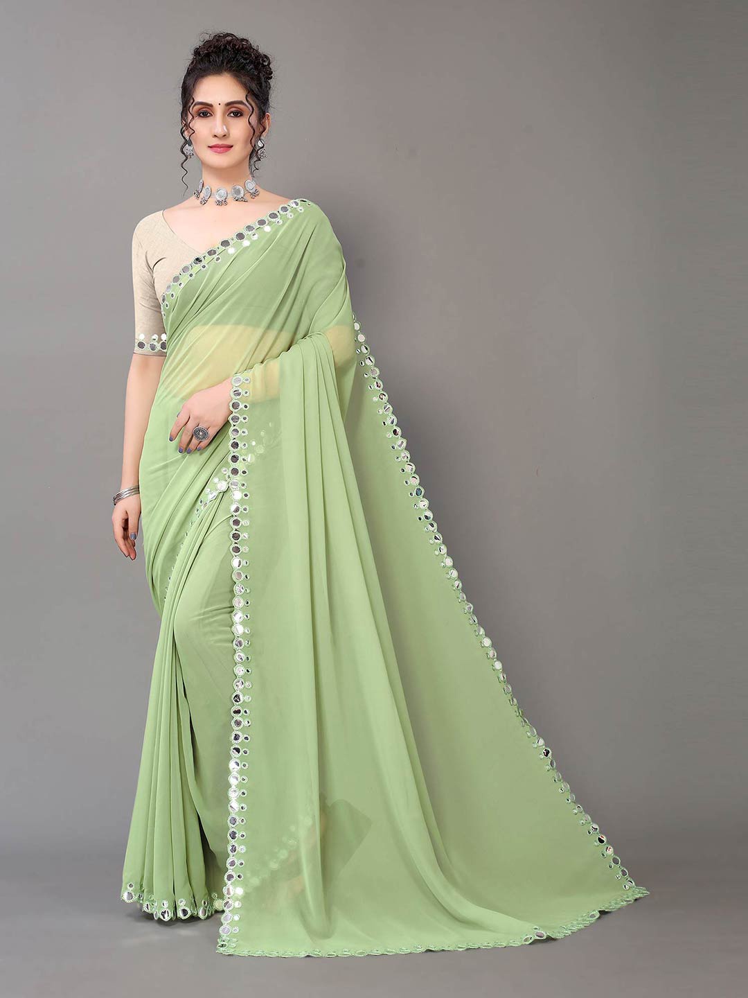 HRITIKA Green Mirror Work Pure Georgette Saree