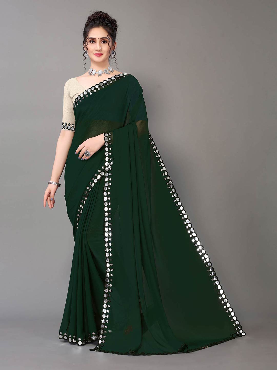 HRITIKA Green Mirror Work Pure Georgette Saree