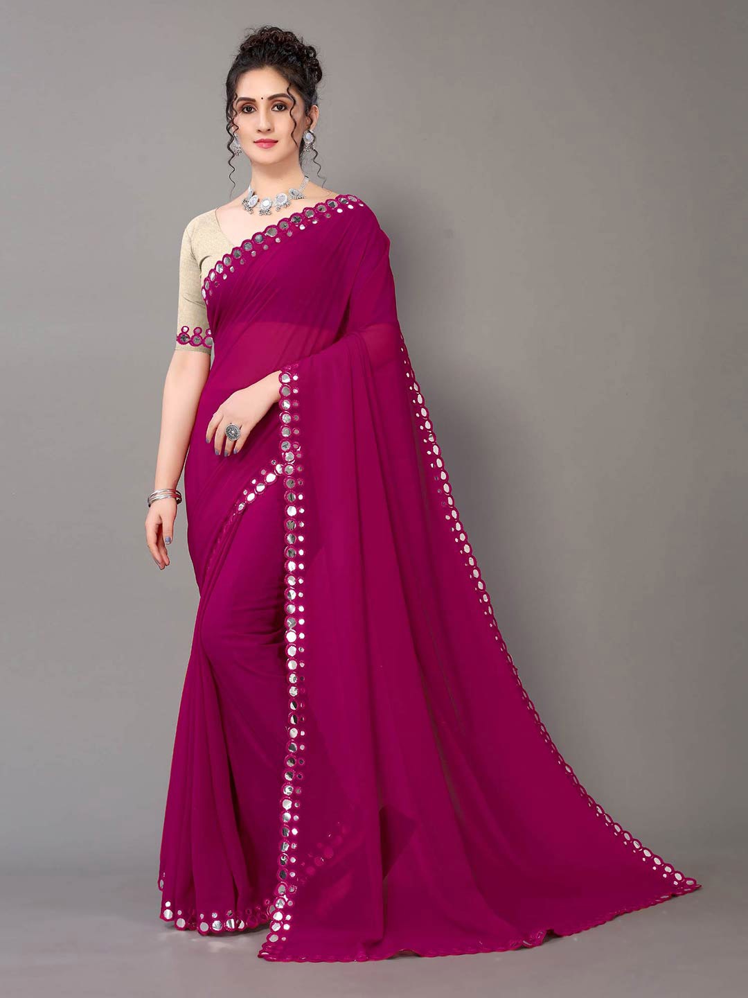 HRITIKA Magenta & White Mirror Work Pure Georgette Saree