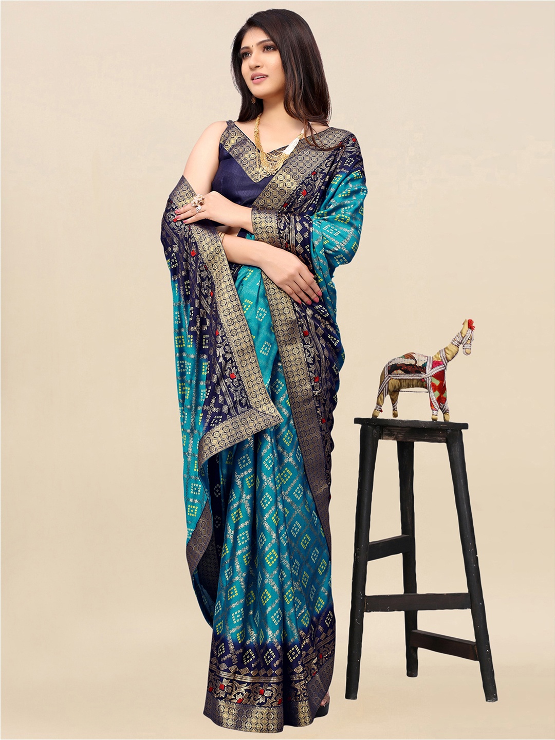 Satrani Blue & Navy Blue Bandhani Silk Blend Bandhani Saree