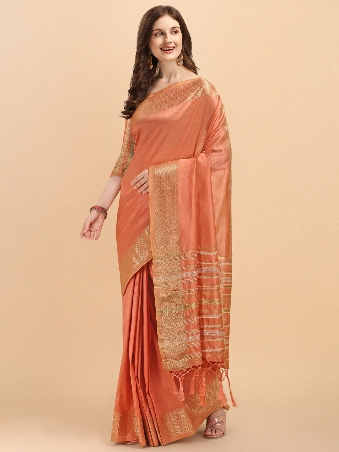 Jinax Peach-Coloured & Gold-Toned Woven Design Zari Pure Silk Banarasi Saree
Jinax Peach-Coloured & Gold-Toned Woven Design Zari Pure Silk Banarasi Saree