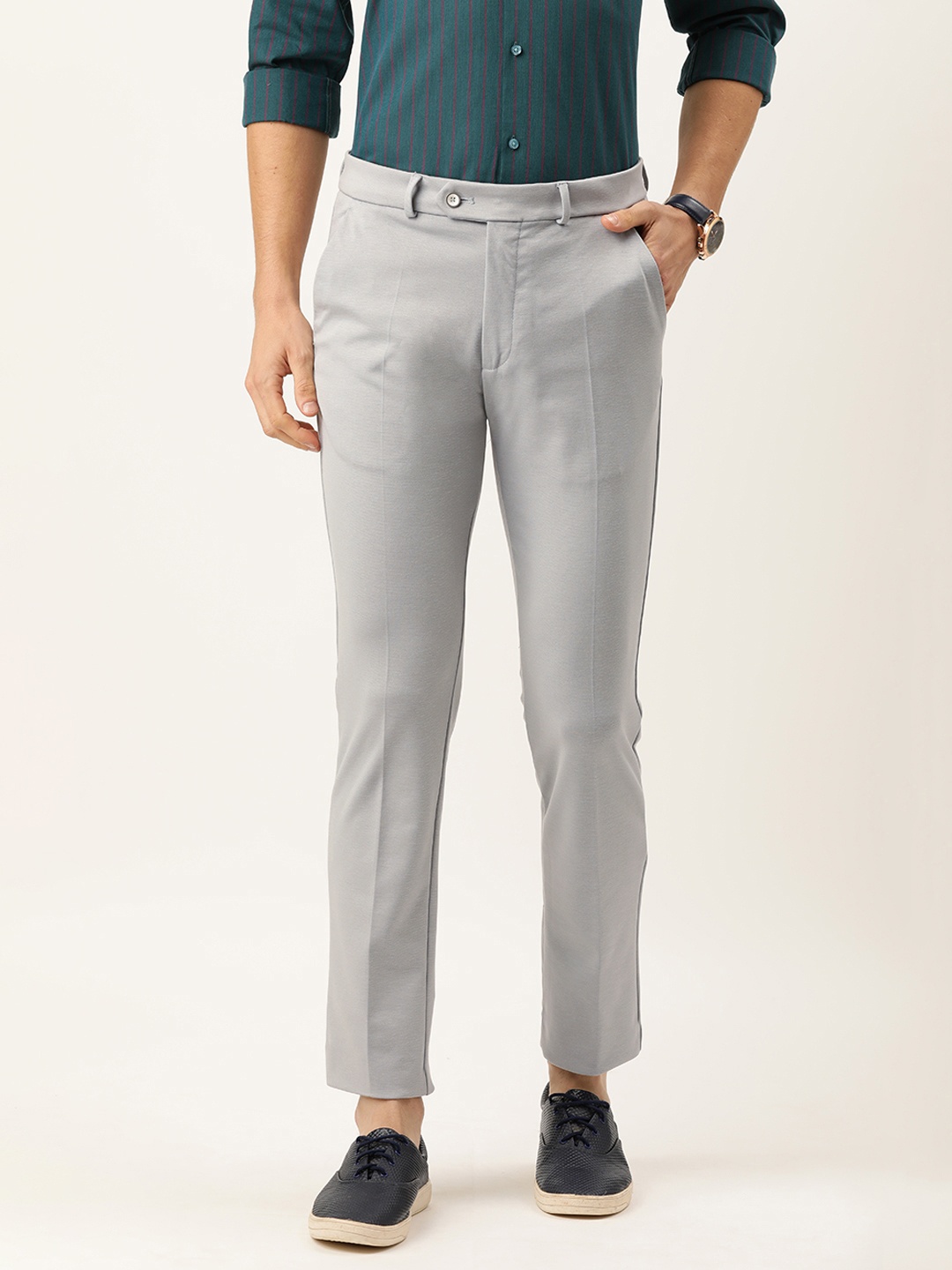 Peter England Men Grey Textured Slim Fit Trousers
