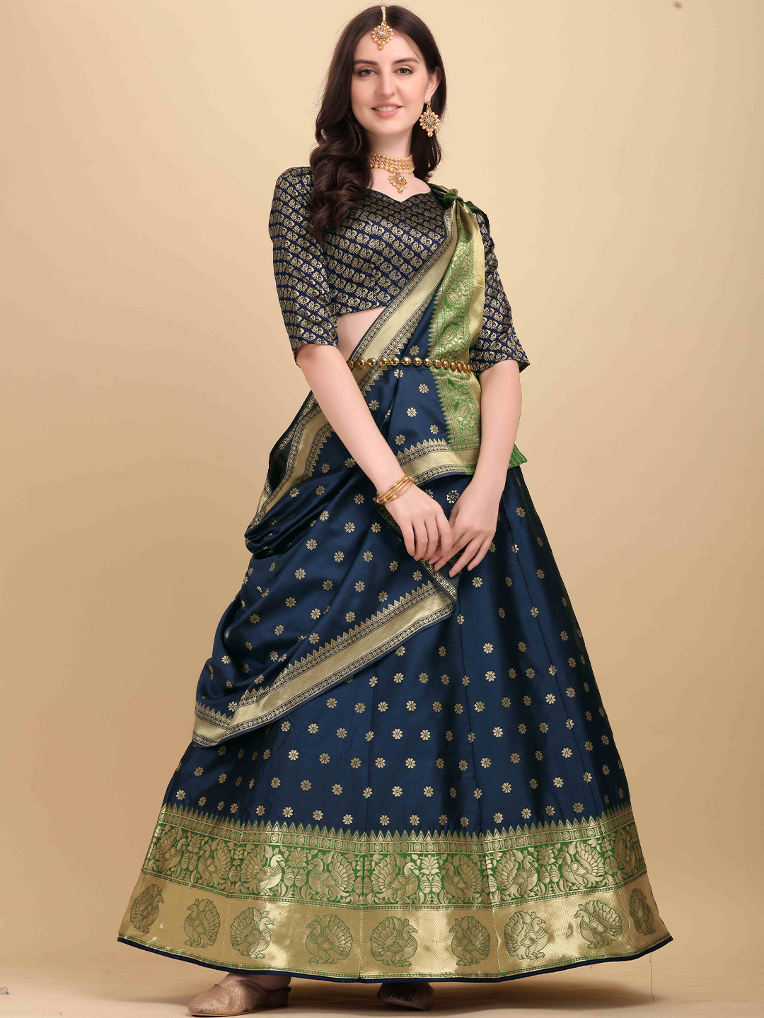 HERE&NOW Navy Blue & Green Semi-Stitched Lehenga & Unstitched Blouse With Dupatta
HERE&NOW Navy Blue & Green Semi-Stitched Lehenga & Unstitched Blouse With Dupatta