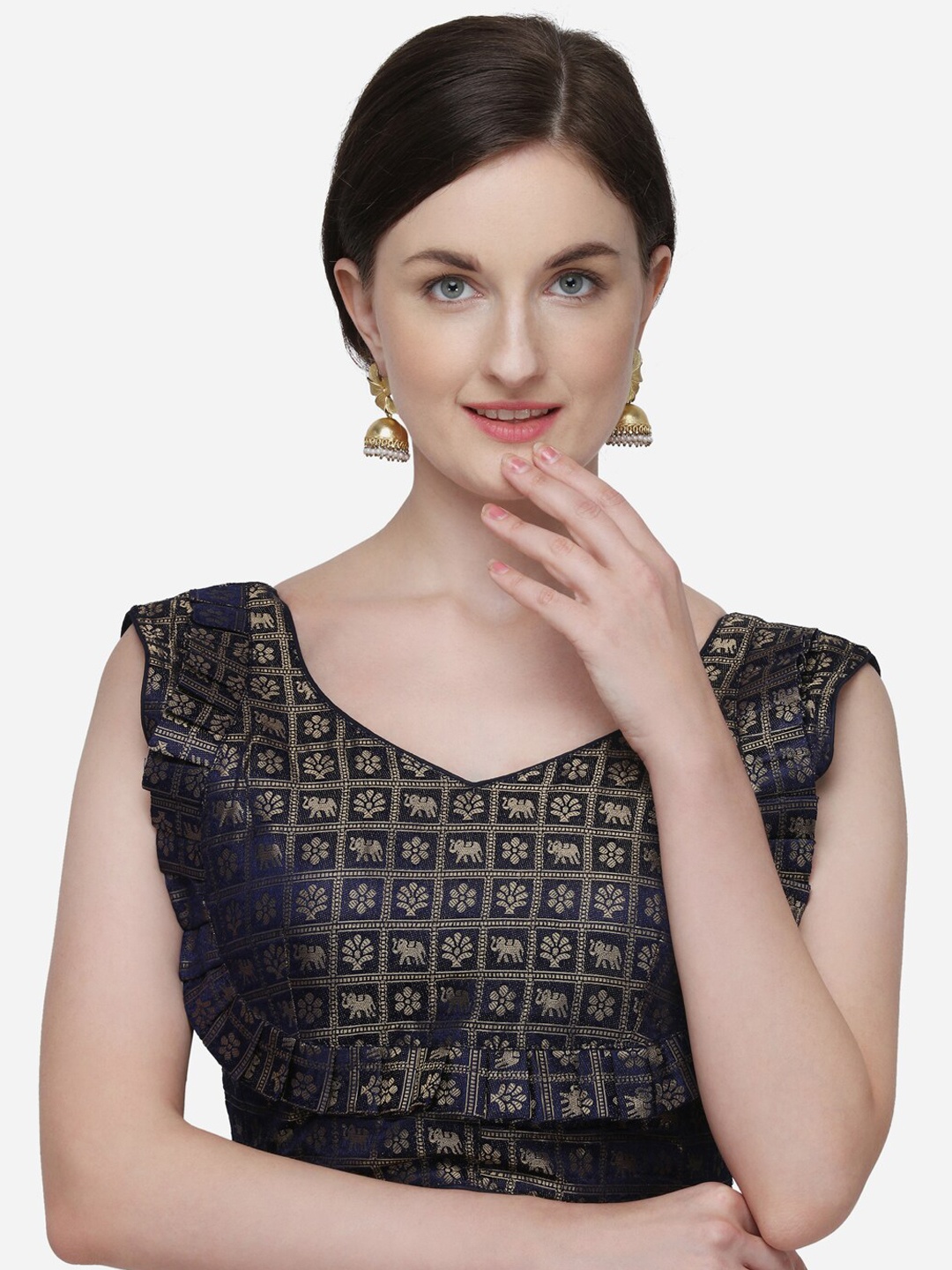 Fab Viva Women Navy Blue Woven Design Saree Blouse