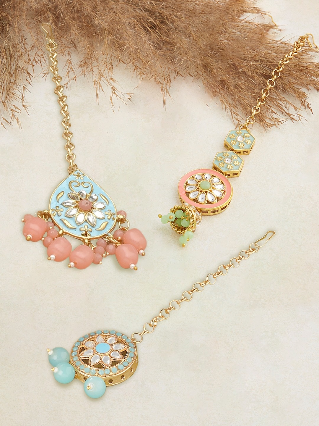 Zaveri Pearls Set Of 3 Blue & Green Kundan Studded & Beaded Meenakari Maangtikka, Multi
Zaveri Pearls Set Of 3 Blue & Green Kundan Studded & Beaded Meenakari Maangtikka, Multi