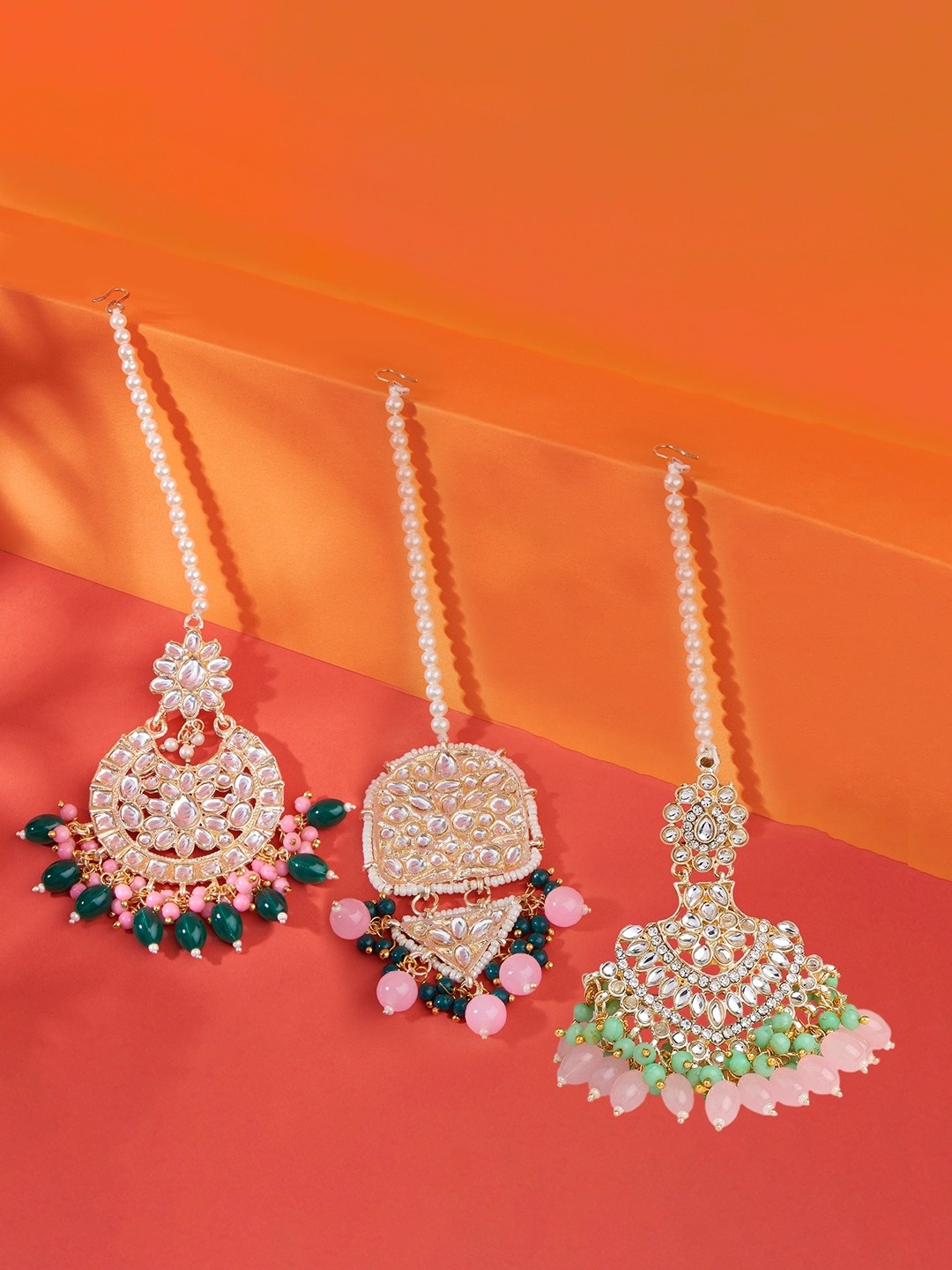 Zaveri Pearls Set Of 3 White & Green Kundan Studded & Beaded Meenakari Maangtikka, Multi
Zaveri Pearls Set Of 3 White & Green Kundan Studded & Beaded Meenakari Maangtikka, Multi