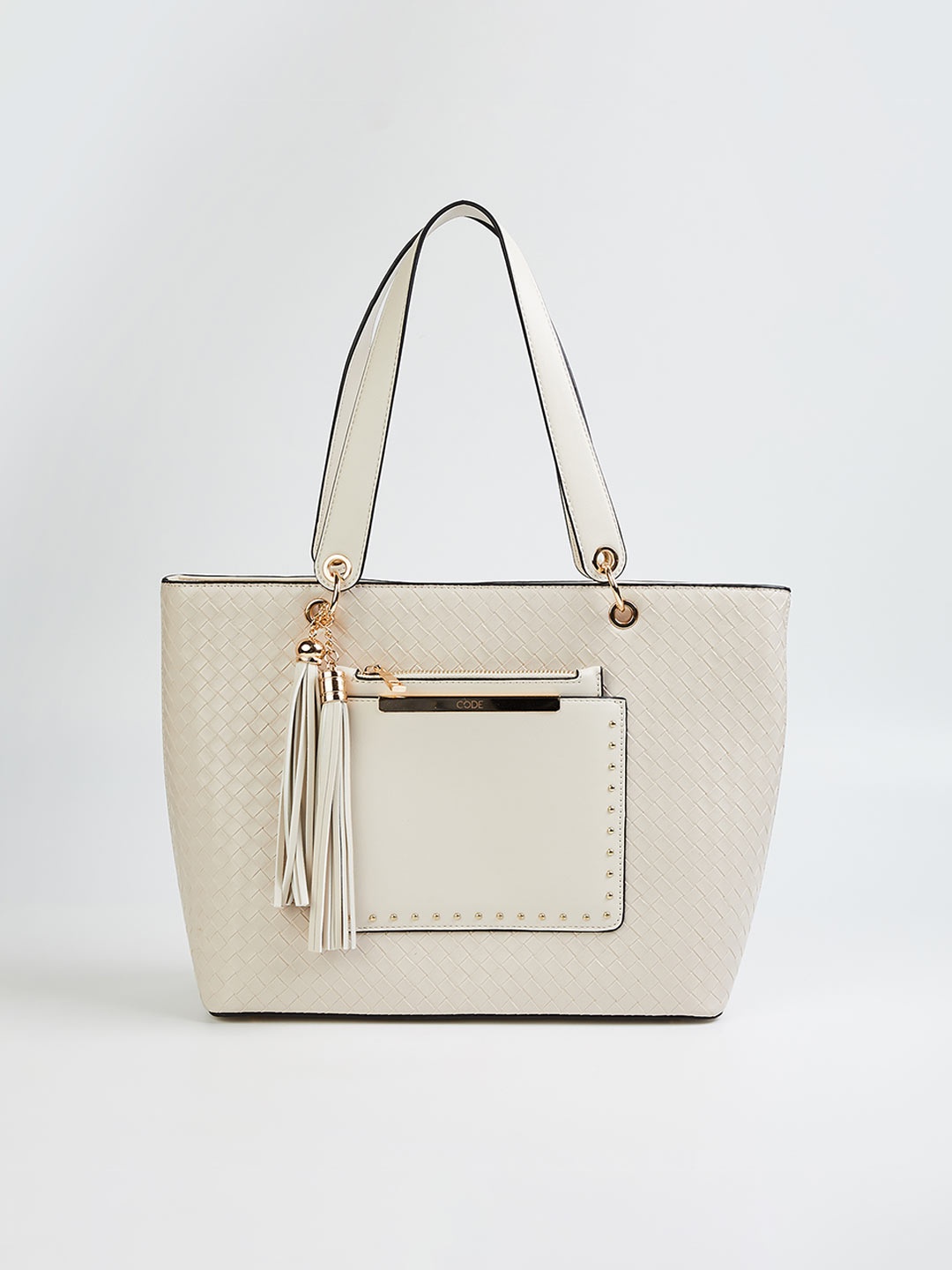 CODE by Lifestyle Beige Oversized Structured Shoulder Bag with Tasselled