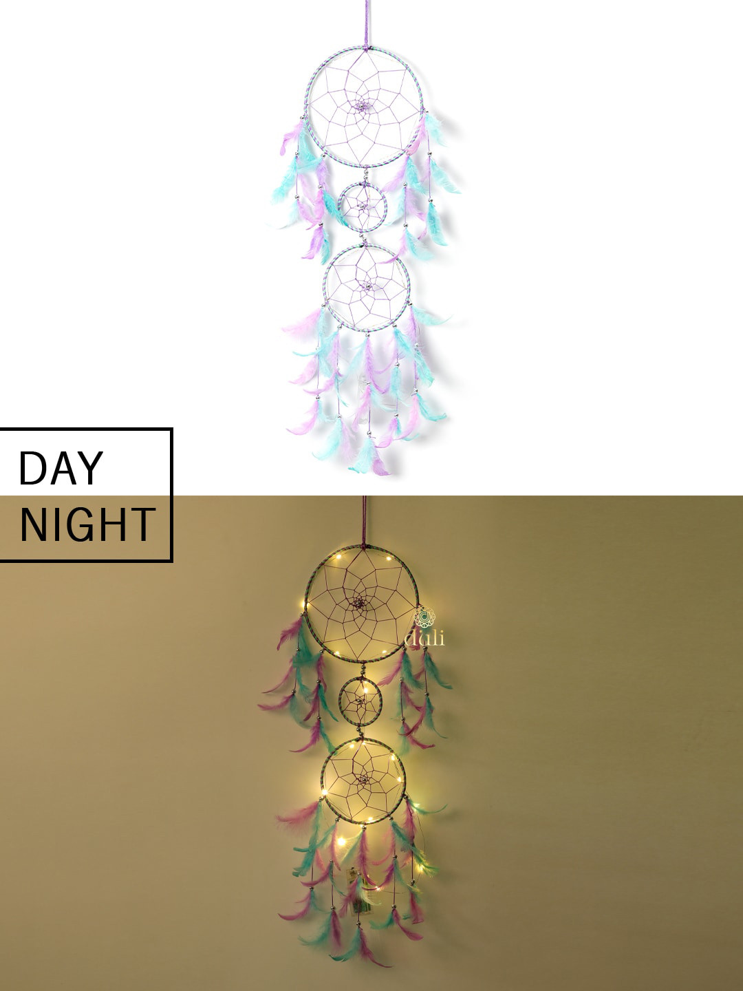 DULI Purple & Green Hanging Dream Catcher With 3 Rings with Lights
DULI Purple & Green Hanging Dream Catcher With 3 Rings with Lights