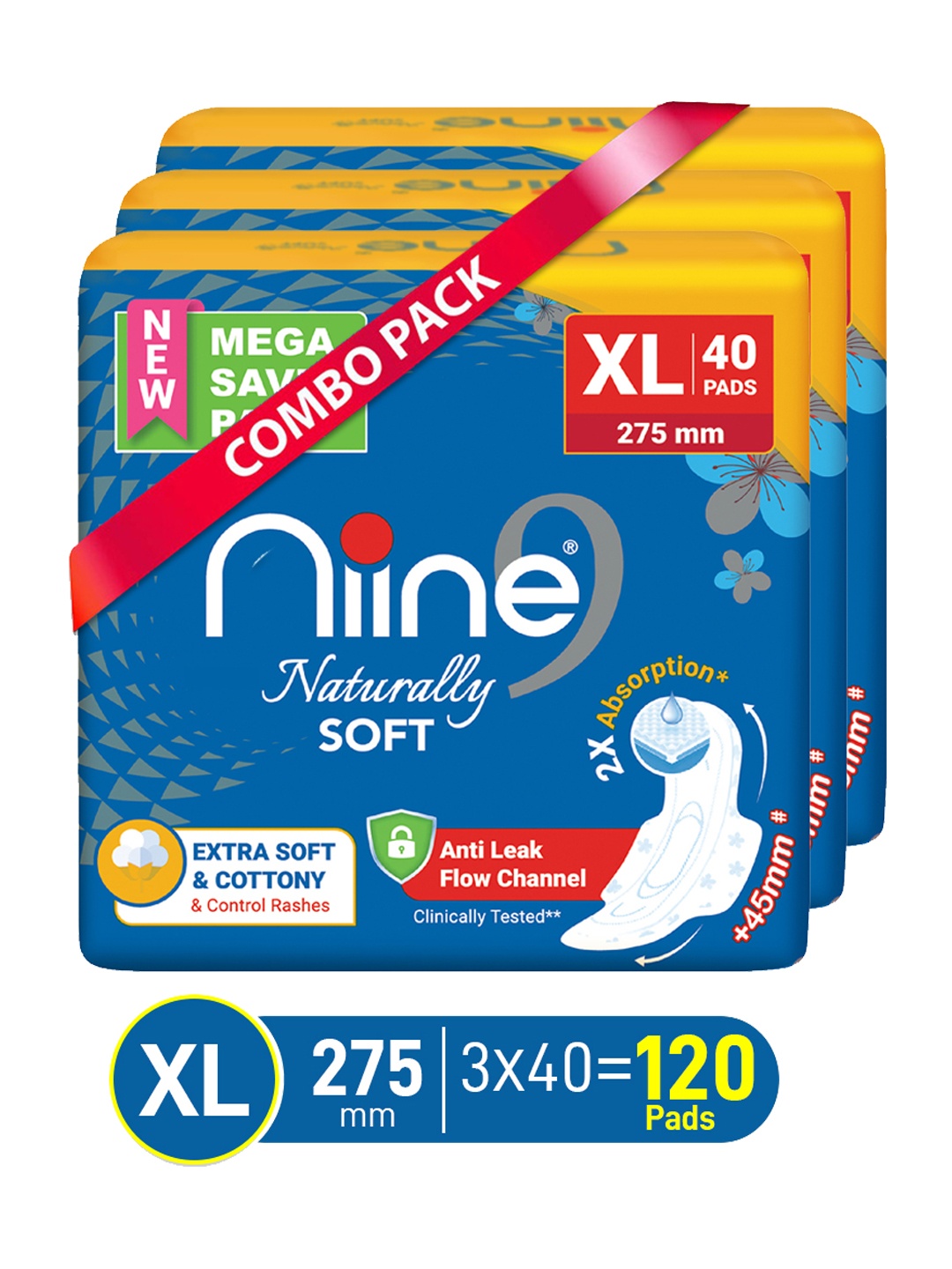 Niine Set of 3 Naturally Soft Anti Leak Flow Channel XL 275mm Sanitary Pads - 40 Pads Each, Blue
Niine Set of 3 Naturally Soft Anti Leak Flow Channel XL 275mm Sanitary Pads - 40 Pads Each, Blue