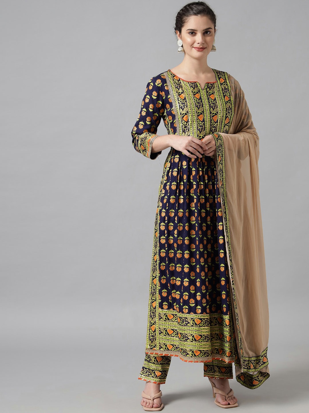 Meeranshi Women Navy Blue Ethnic Motifs Printed Gotta Patti Pure Cotton Kurta with Trousers & With Dupatta
Meeranshi Women Navy Blue Ethnic Motifs Printed Gotta Patti Pure Cotton Kurta with Trousers & With Dupatta
