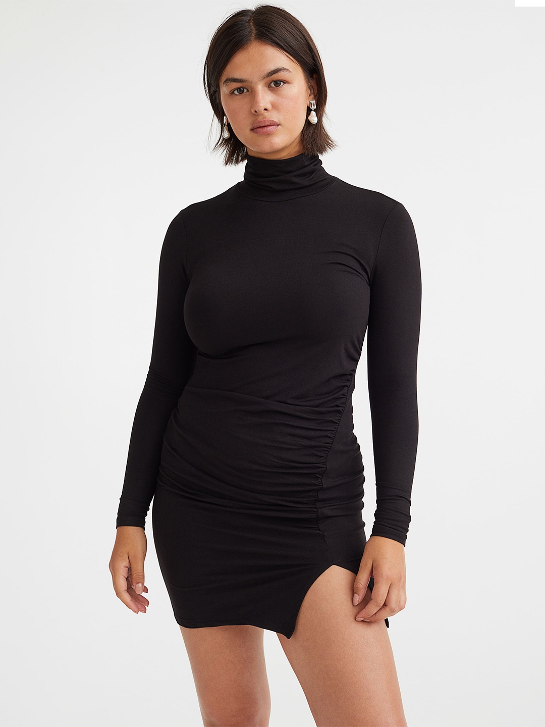 H&M Women Black Fitted Turtleneck Dress