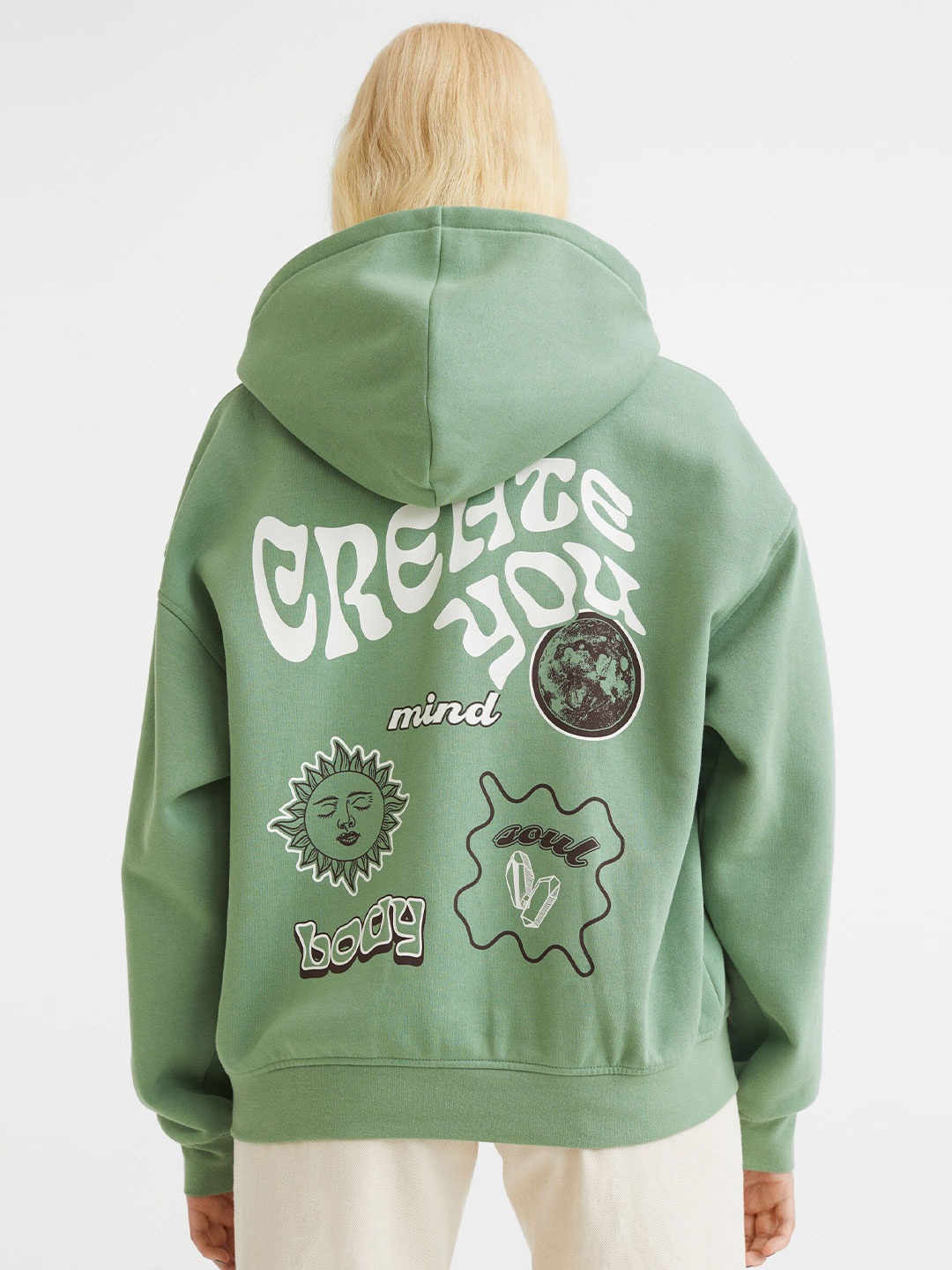 H&M Women Green Oversized Printed Hoodie