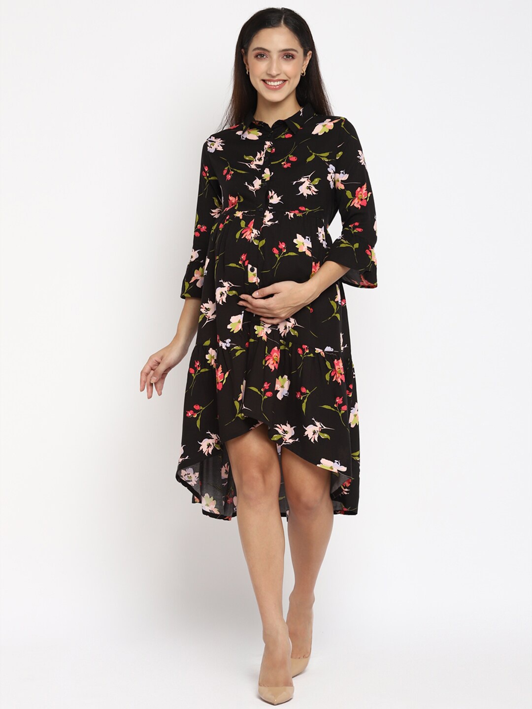 Momsoon Maternity Black Floral Maternity Shirt Dress