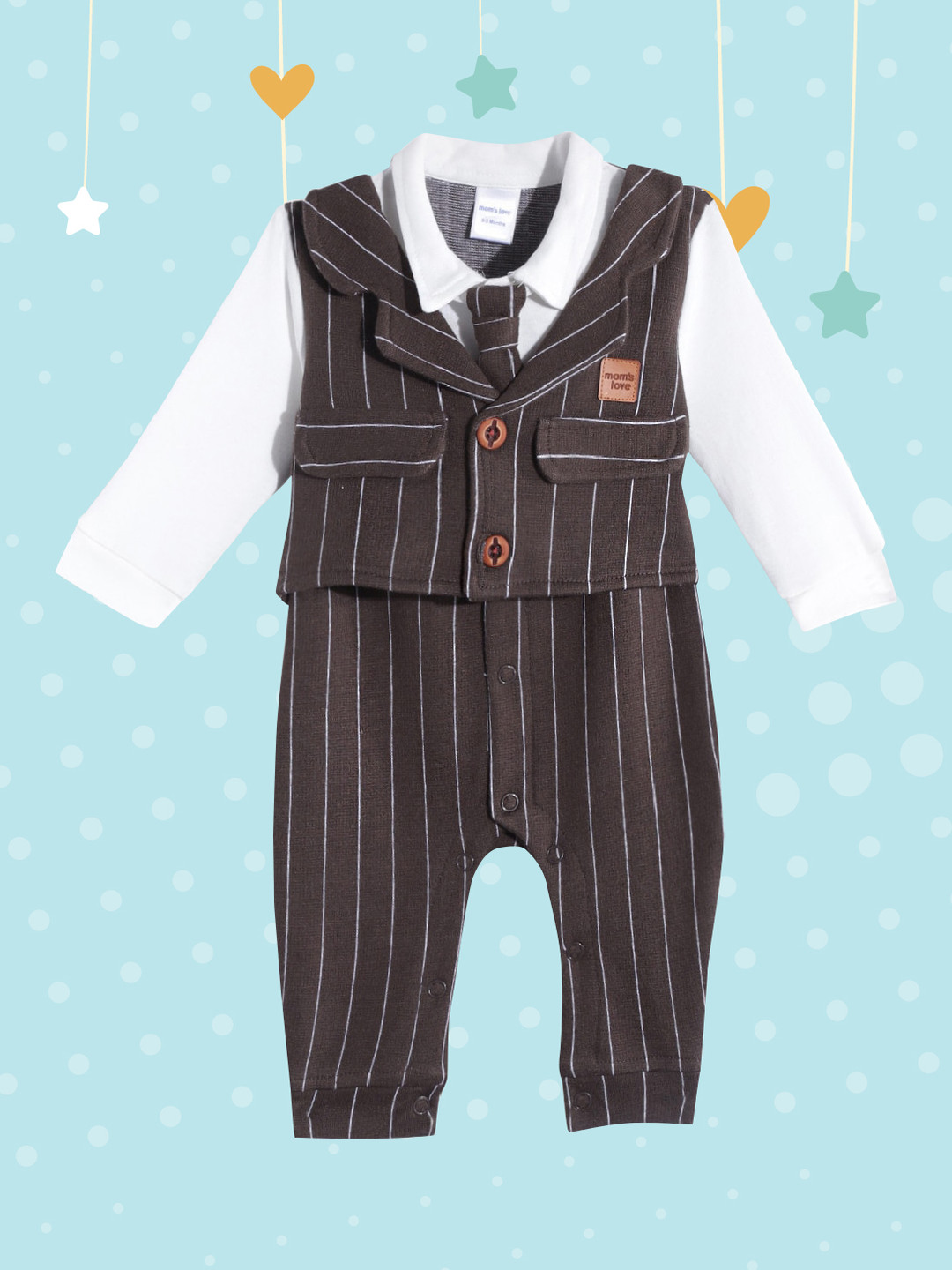 Moms Love Infant Boys Brown & White Pure Cotton Striped Rompers with Attached Waistcoat
Moms Love Infant Boys Brown & White Pure Cotton Striped Rompers with Attached Waistcoat