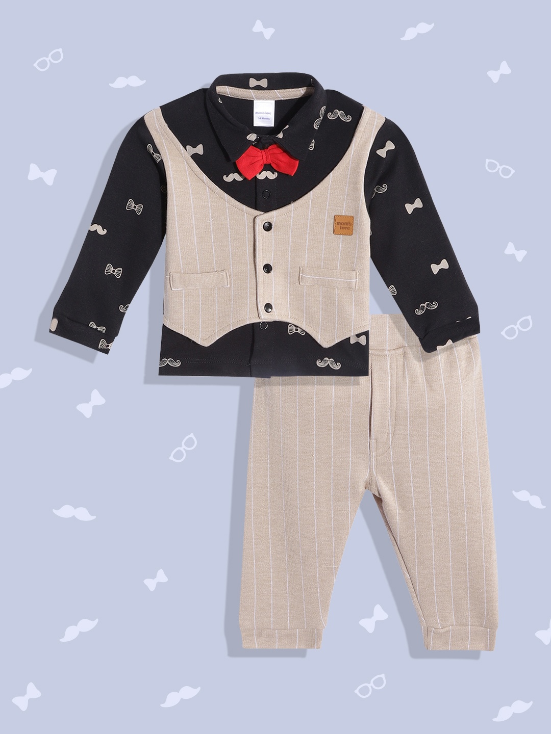 Moms Love Infant Boys Black & Beige Conversational Print Cotton Clothing Set