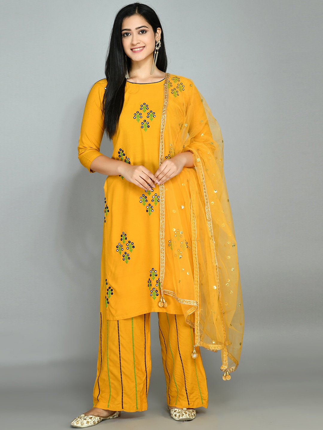Queenswear Creation Women Yellow Floral Embroidered Mirror Work Kurta with Trousers & With Dupatta
Queenswear Creation Women Yellow Floral Embroidered Mirror Work Kurta with Trousers & With Dupatta