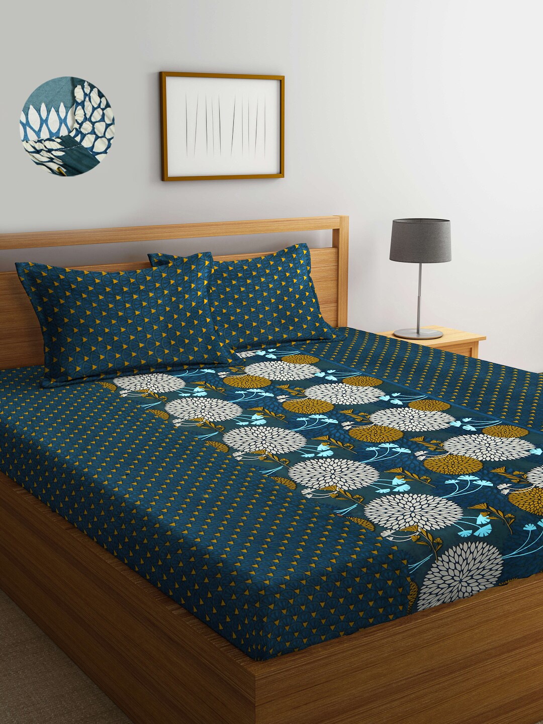 KLOTTHE Floral 300 TC Fitted Double King Bedsheet with 2 Pillow Covers, Green