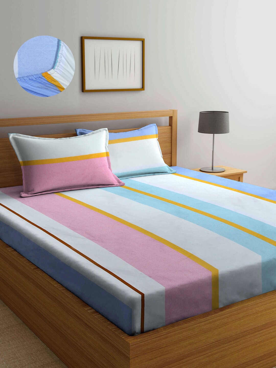 Arrabi Unisex White and pink colour striped Bedsheets