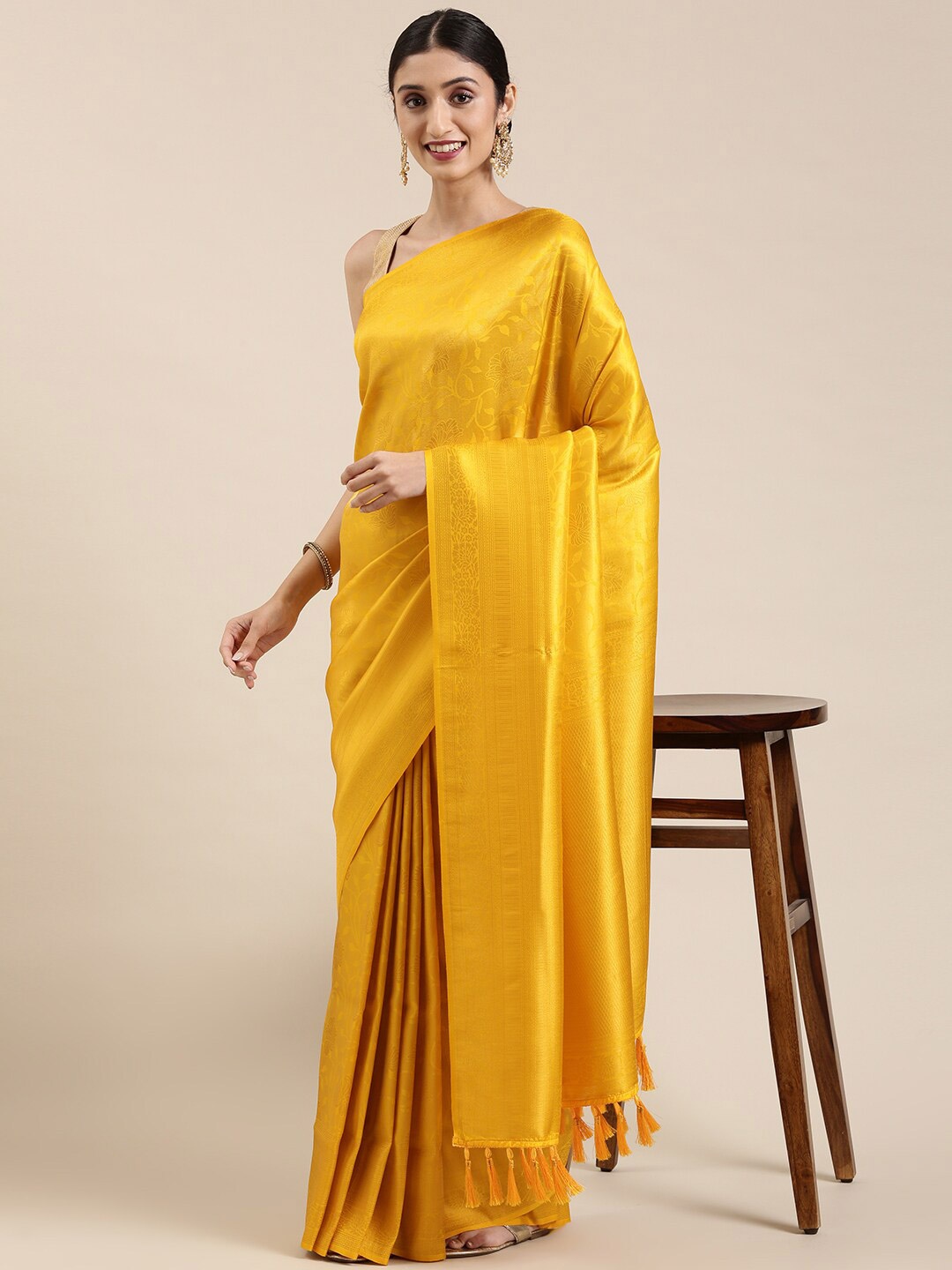 The Chennai Silks Yellow Floral Zari Art Silk Saree