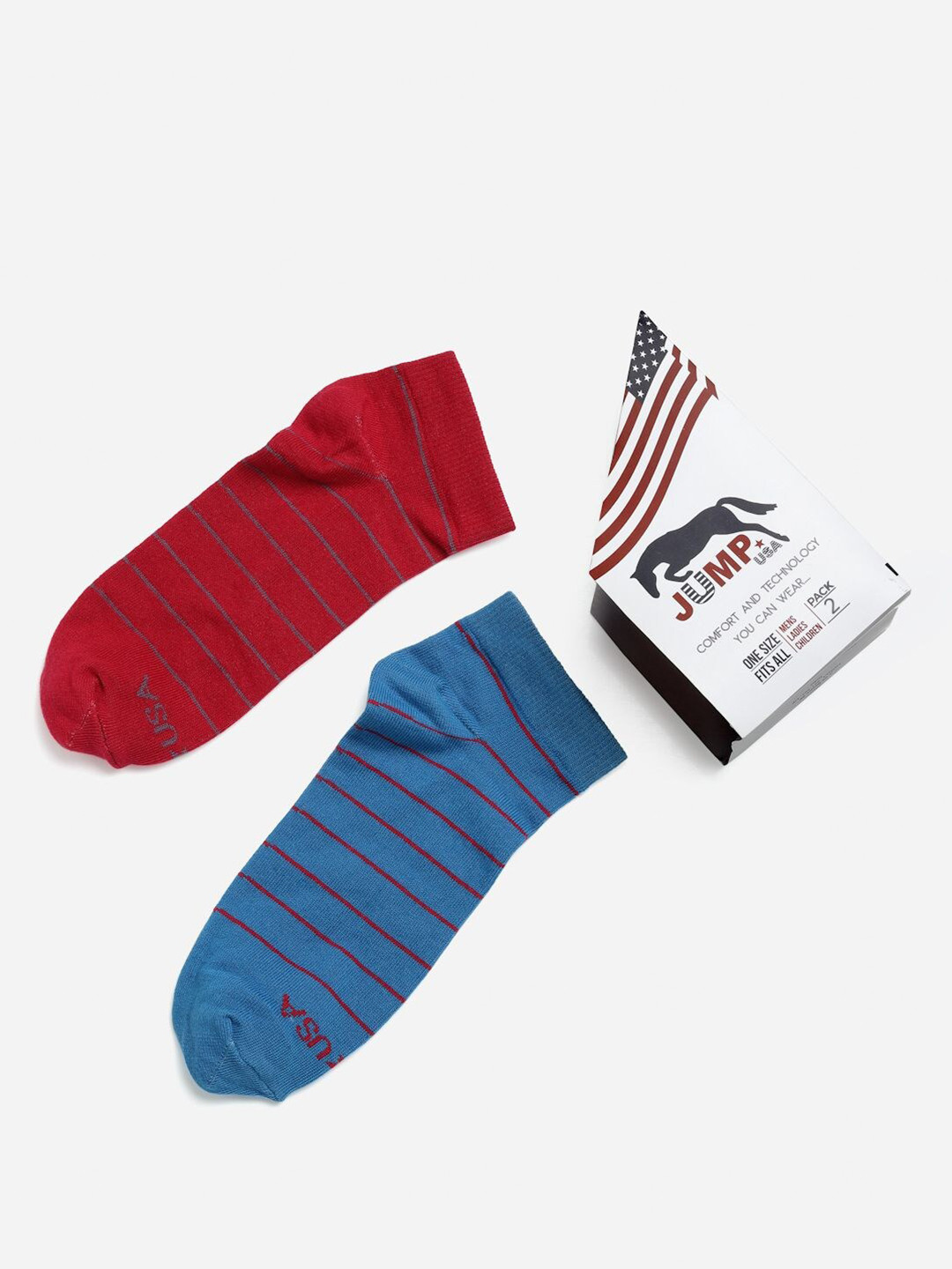 JUMP USA Women Red & Blue Pack of 2 Striped Ankle Length Socks 
JUMP USA Women Red & Blue Pack of 2 Striped Ankle Length Socks